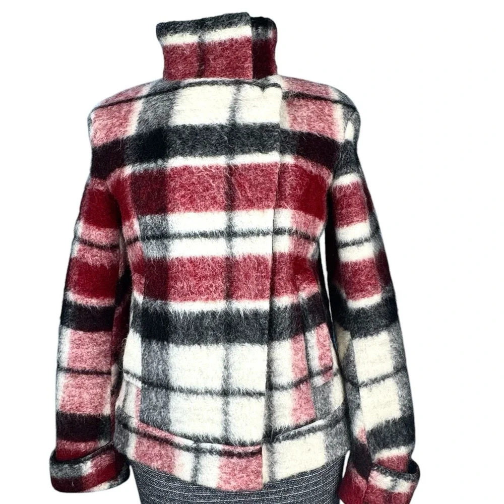 Zara Wool‎ Mohair Jacket Maroon/Black/White Plaid Asymmetric Snap Close Womens S